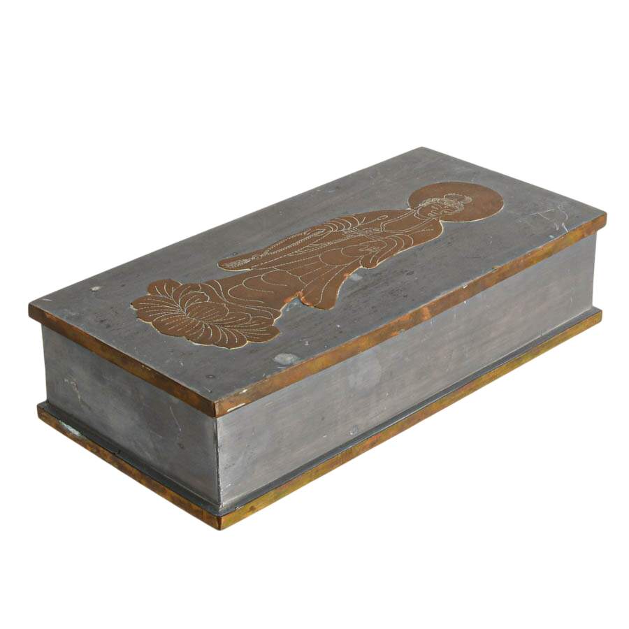 Rectangular Chinese Mixed Metal Box W/Buddhist Deity Figurine-2