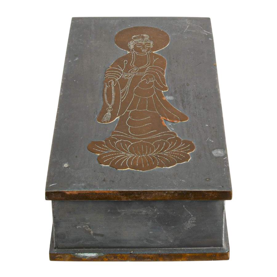 Rectangular Chinese Mixed Metal Box W/Buddhist Deity Figurine-1