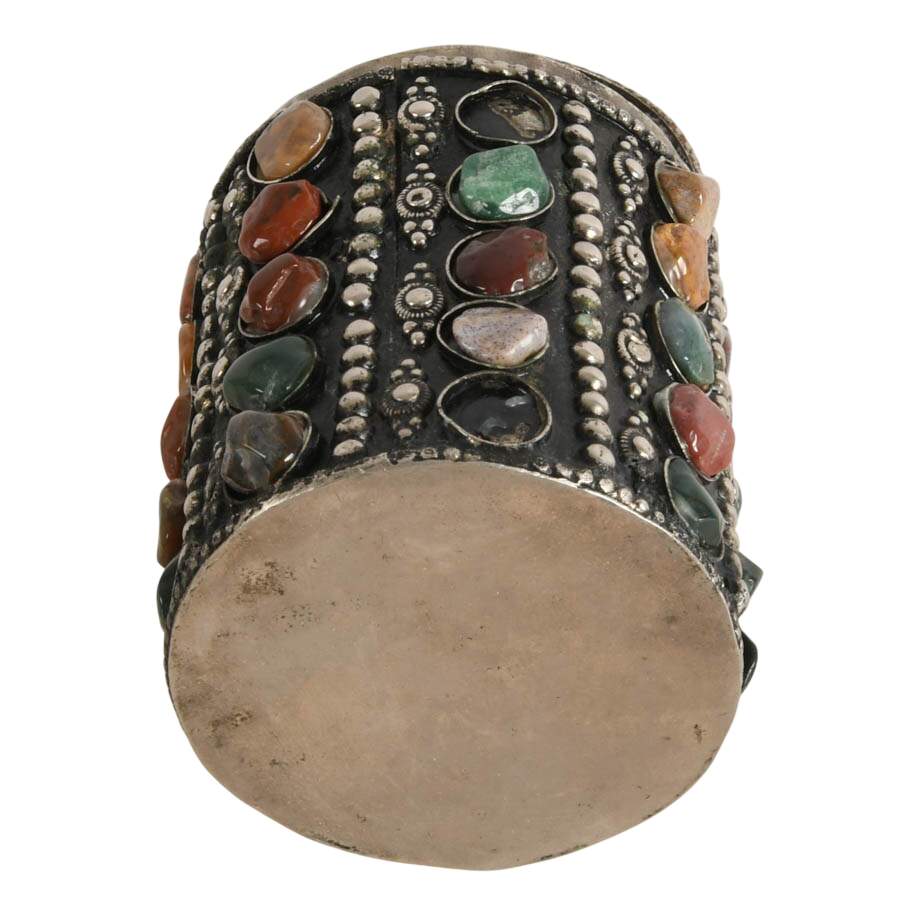Vintage Metal Trinket Box with Inlaid Agate Stones-7