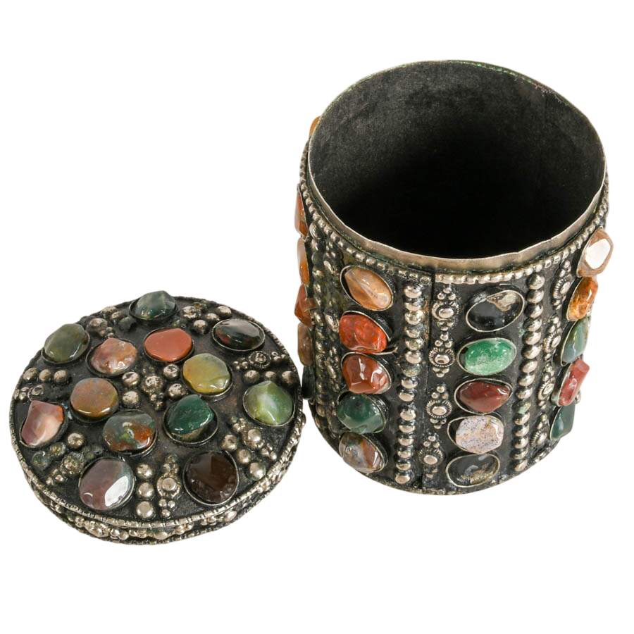 Vintage Metal Trinket Box with Inlaid Agate Stones-6