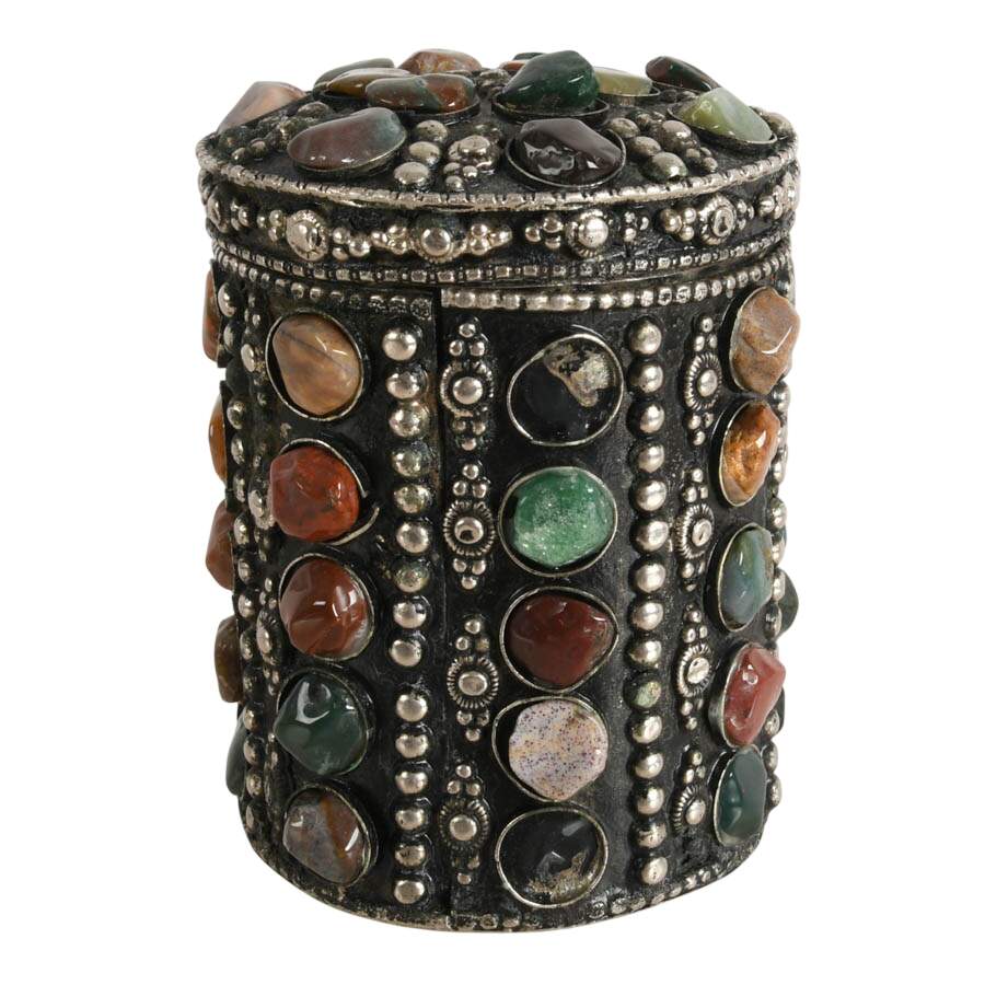 Vintage Metal Trinket Box with Inlaid Agate Stones-4