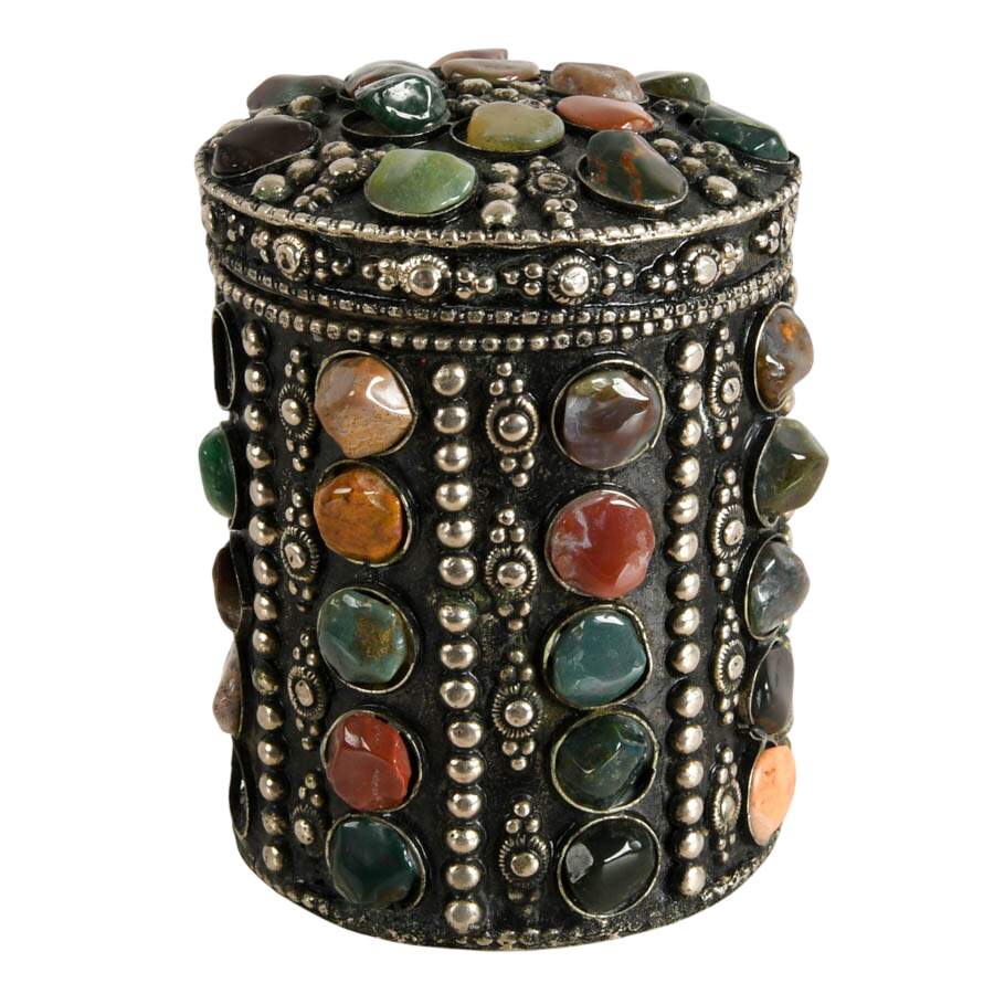 Vintage Metal Trinket Box with Inlaid Agate Stones-3