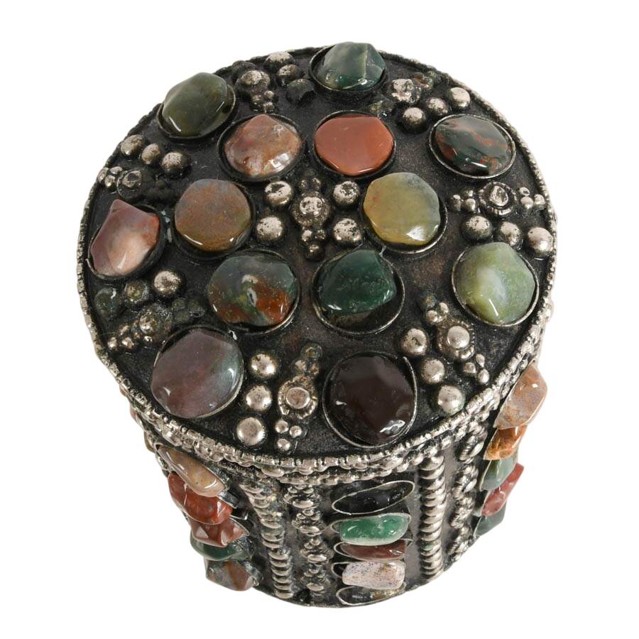 Vintage Metal Trinket Box with Inlaid Agate Stones-2