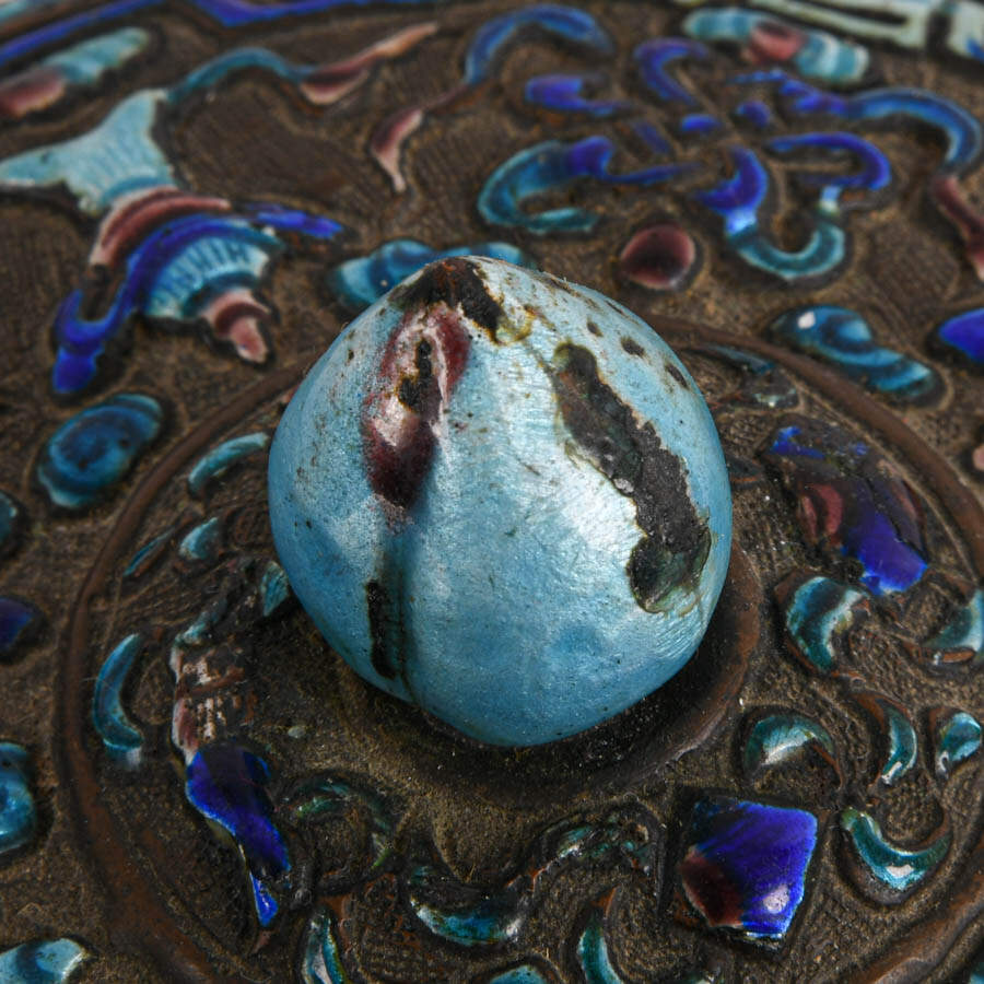Antique Round Chinese Blue and Teal Enameled Box with Lid-4