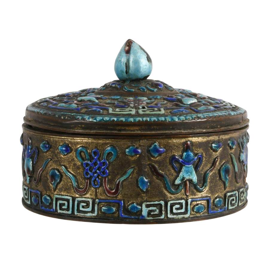 Antique Round Chinese Blue and Teal Enameled Box with Lid-3