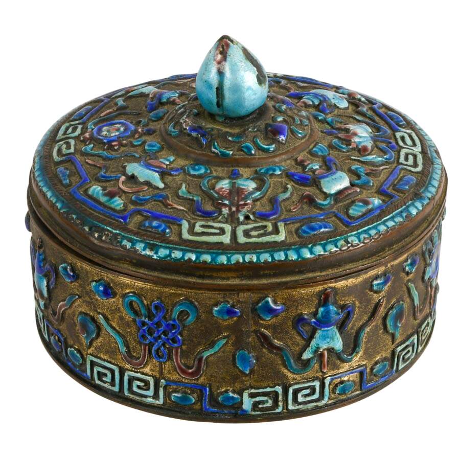 Antique Round Chinese Blue and Teal Enameled Box with Lid-1