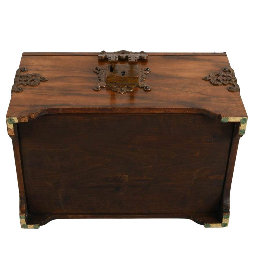 Antique English Walnut Jewelry Box with Ornate Brass Trim-10