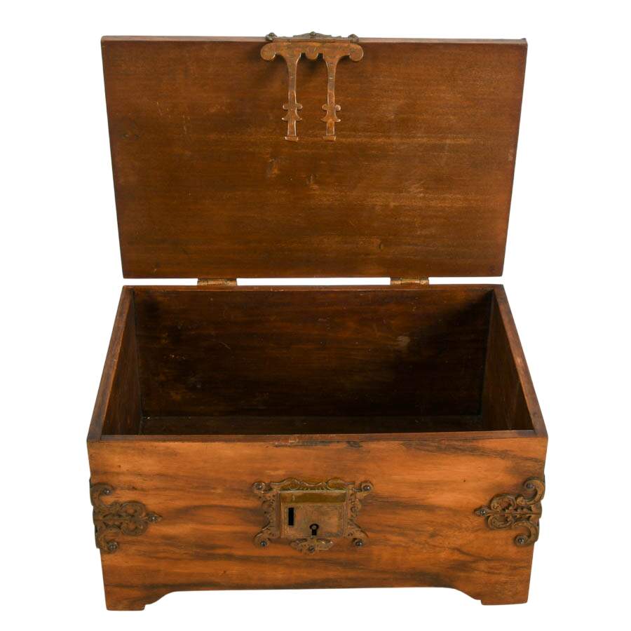 Antique English Walnut Jewelry Box with Ornate Brass Trim-4