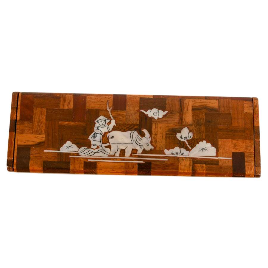 Mid-Century Asian Parquetry Wood Box with Mother of Pearl Inlay-2