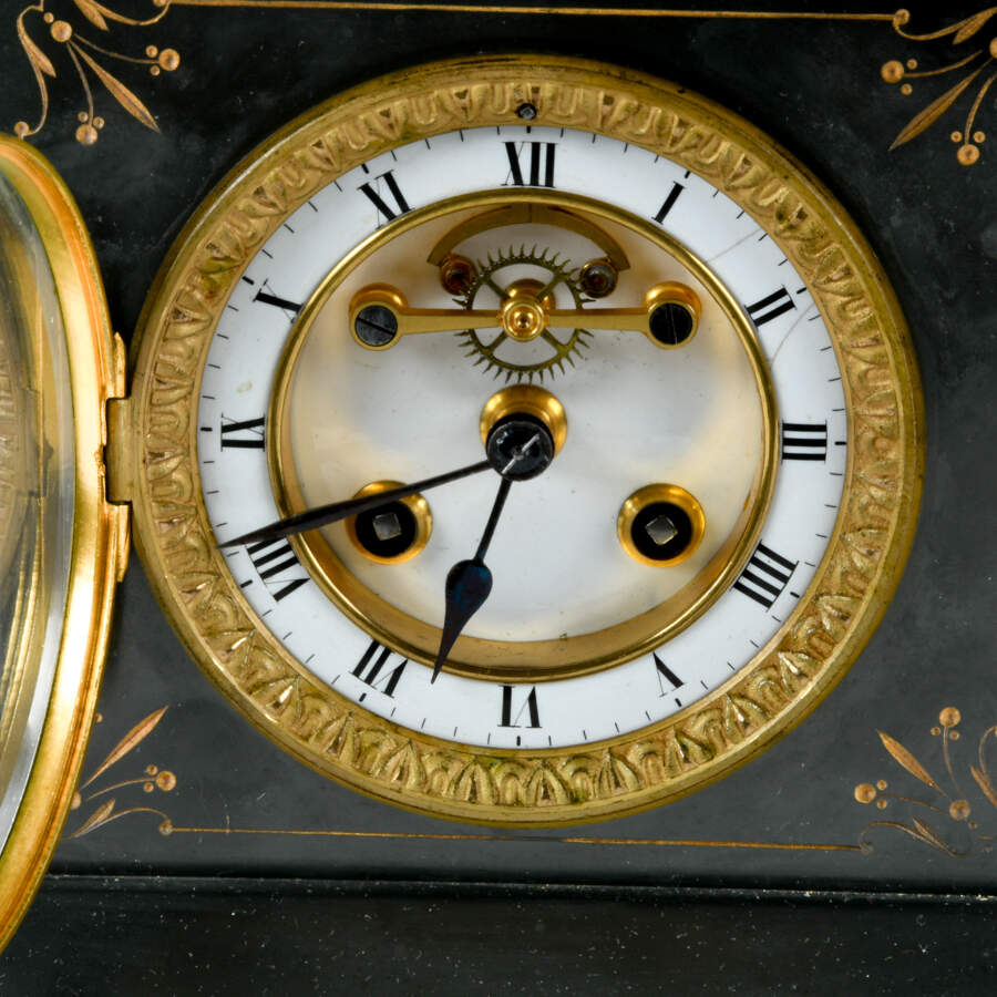 Antique French Black Slate Stone Inlay Mantel Clock-5