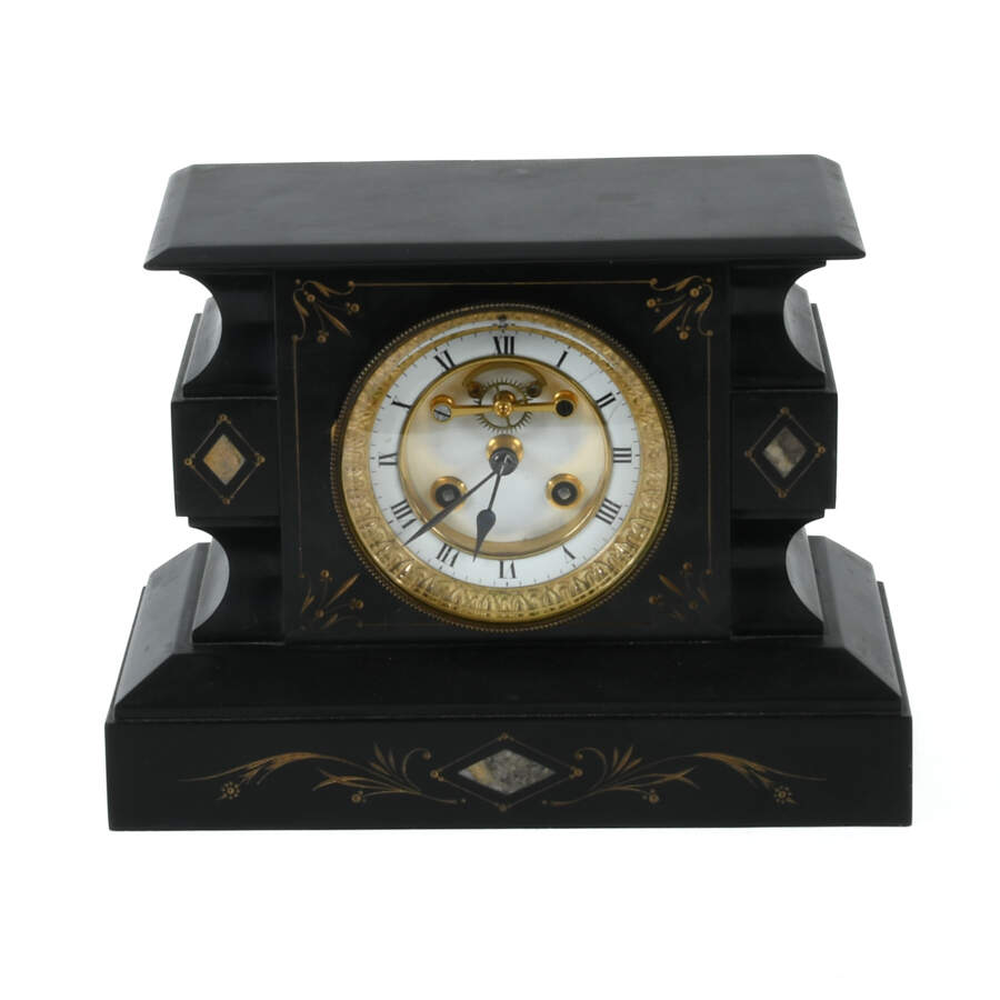 Antique French Black Slate Stone Inlay Mantel Clock-1