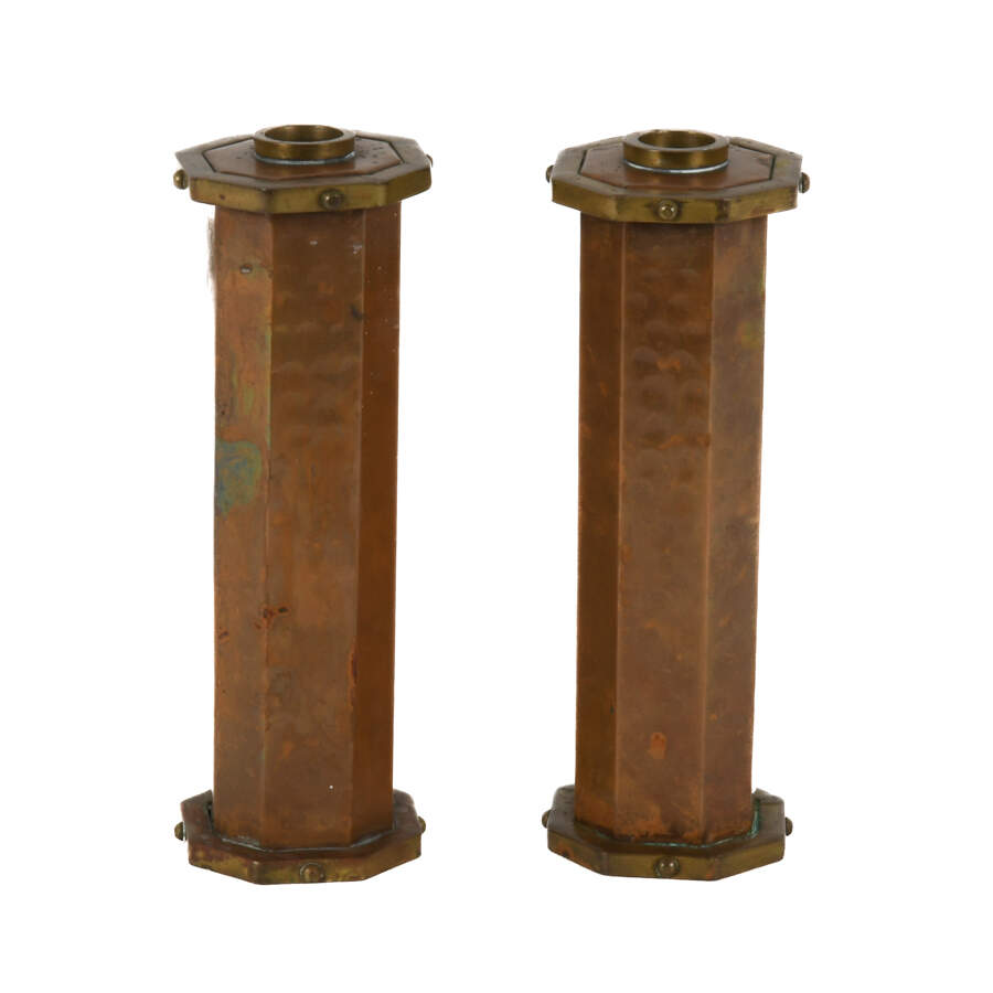 Antique Pair of Hammered Copper and Brass Nautical Candlesticks-2