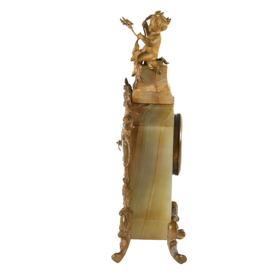 Antique Miniature French Onyx Mantel Clock with Cherub Finial-2
