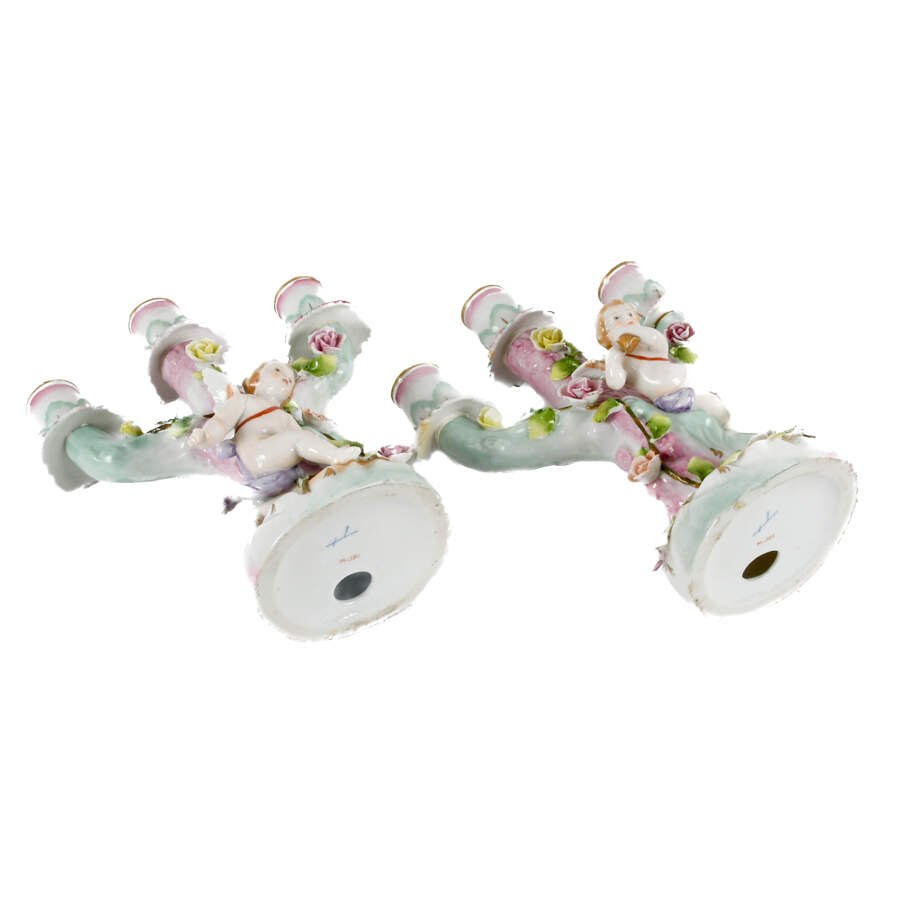 Antique Pair German Cupid Three Light Floral Candle Holders-7