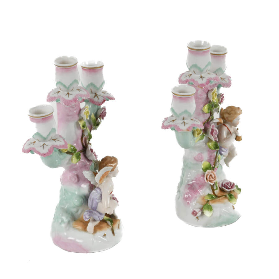 Antique Pair German Cupid Three Light Floral Candle Holders-4