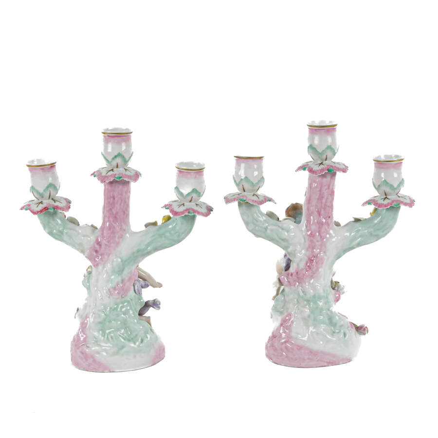 Antique Pair German Cupid Three Light Floral Candle Holders-3