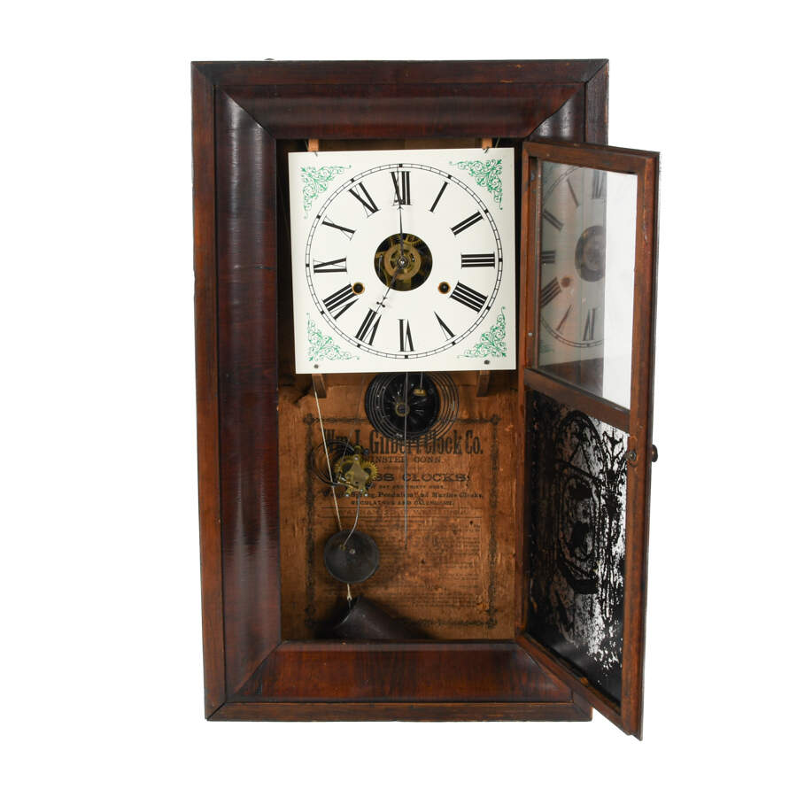 Antique William Gilbert Ogee Mantel Clock with Reverse Painted Glass-4