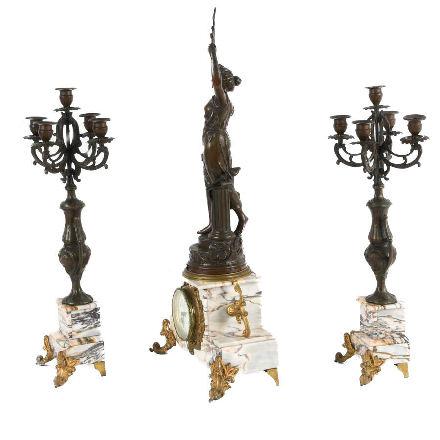 Antique French Three-Piece "Progrès" Garniture Clock and Candelabra Set-12
