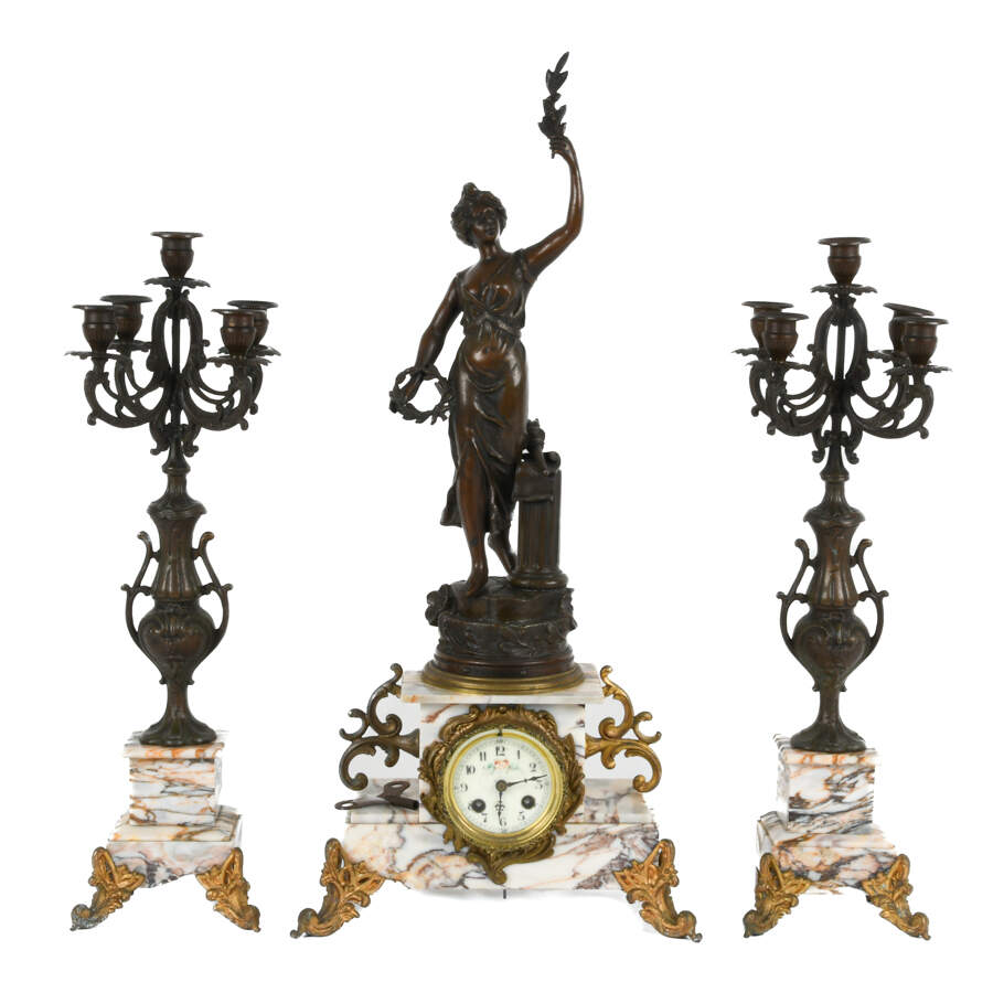 Antique French Three-Piece "Progrès" Garniture Clock and Candelabra Set-1