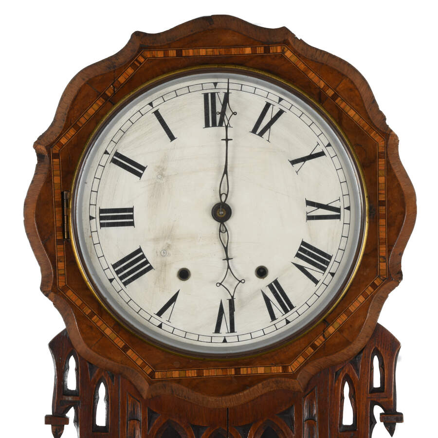 Antique Walnut and Marquetry Inlaid Drop Dial Wall Clock-5
