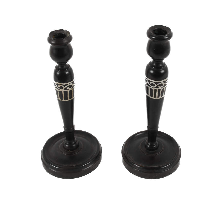 Antique Carved Hardwood and Hand-Painted Silver Gilt Candlesticks-2