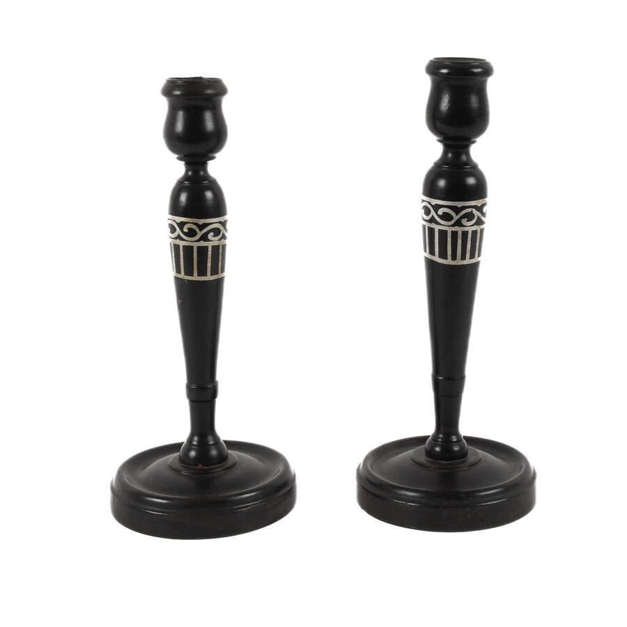 Antique Carved Hardwood and Hand-Painted Silver Gilt Candlesticks-1