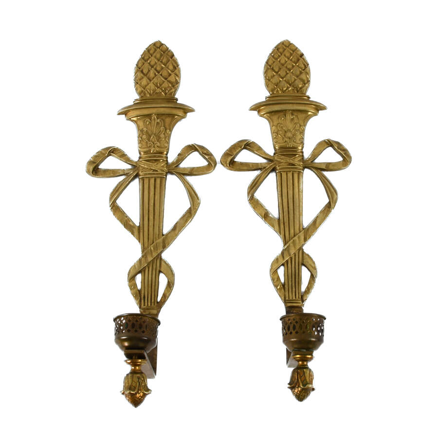 Pair of Virginia Metalcrafters Torch and Ribbon Brass Wall Sconces-4