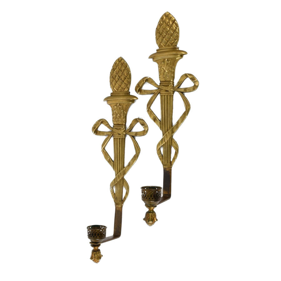 Pair of Virginia Metalcrafters Torch and Ribbon Brass Wall Sconces-3
