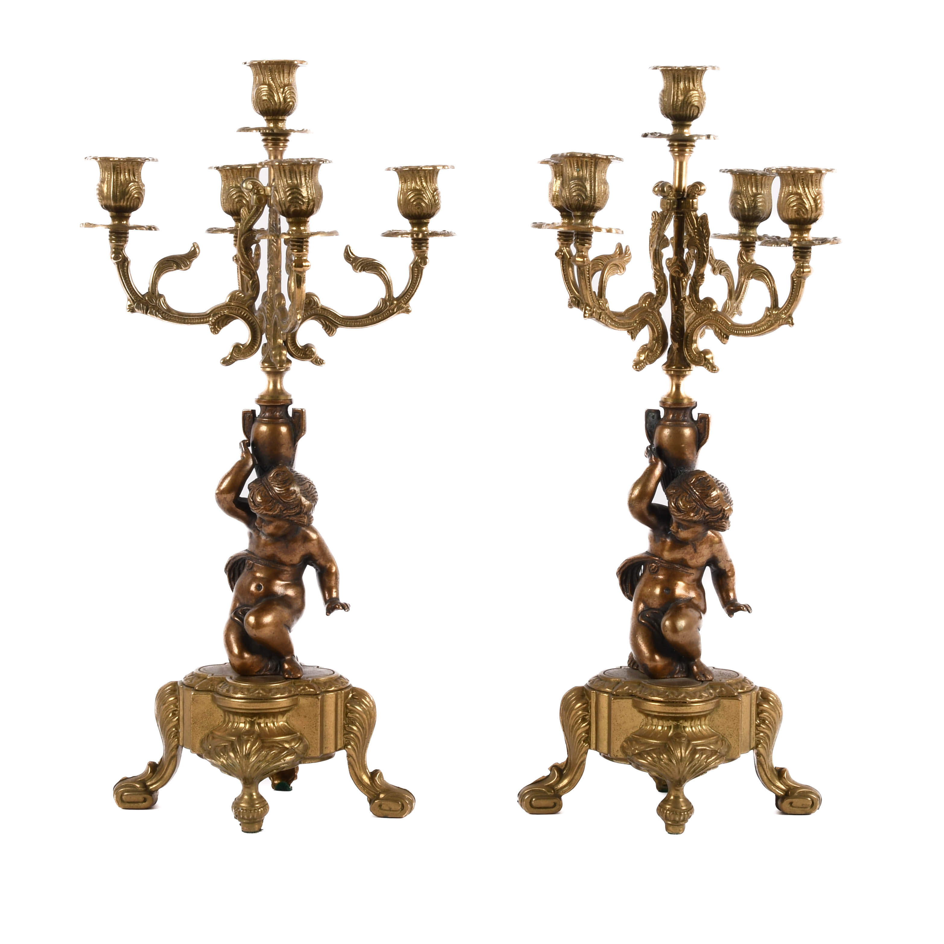 Pair of Figural Brass Cherub Candelabras-1