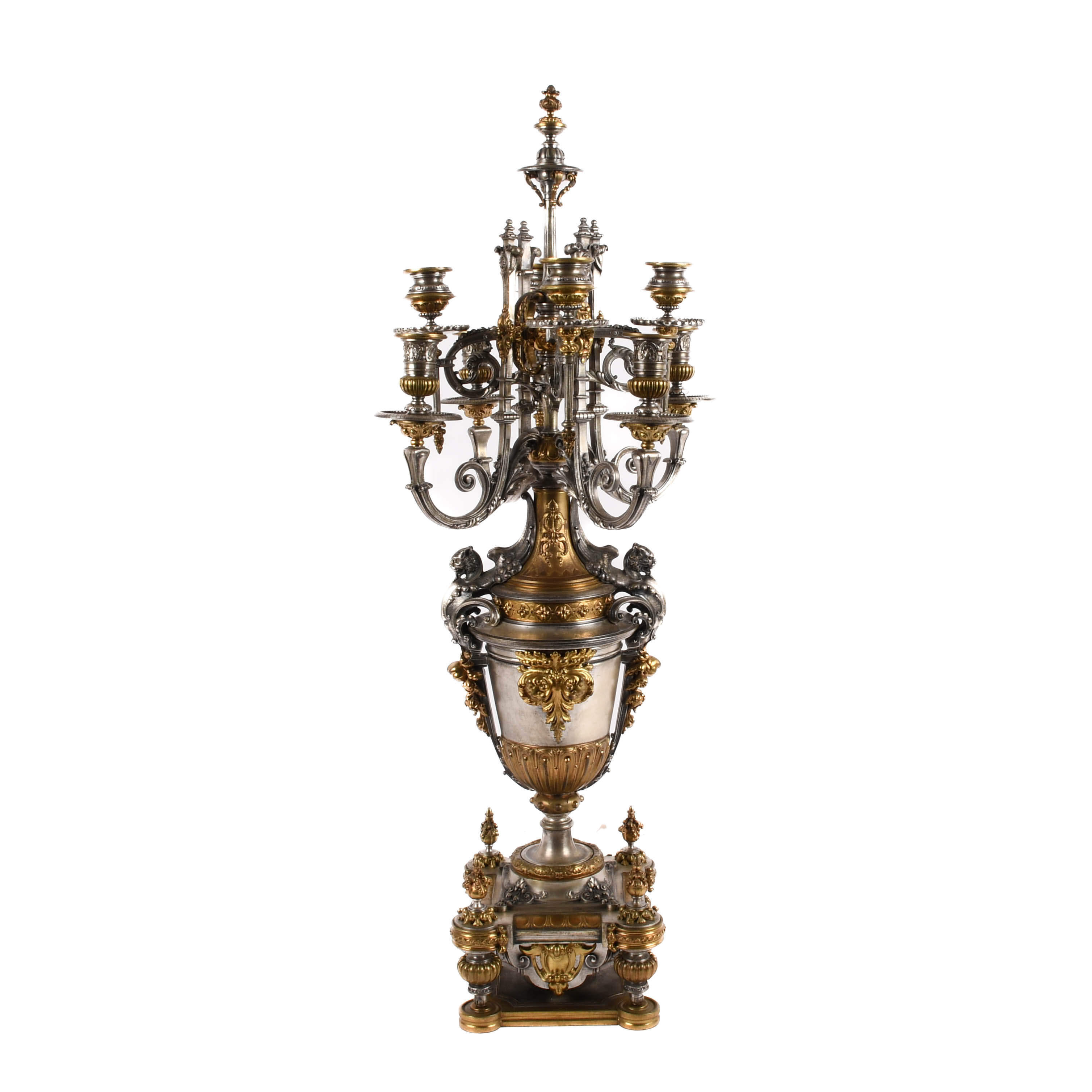 Antique French Empire Gilded Silver and Ormolu Candelabras and Clock Set-8