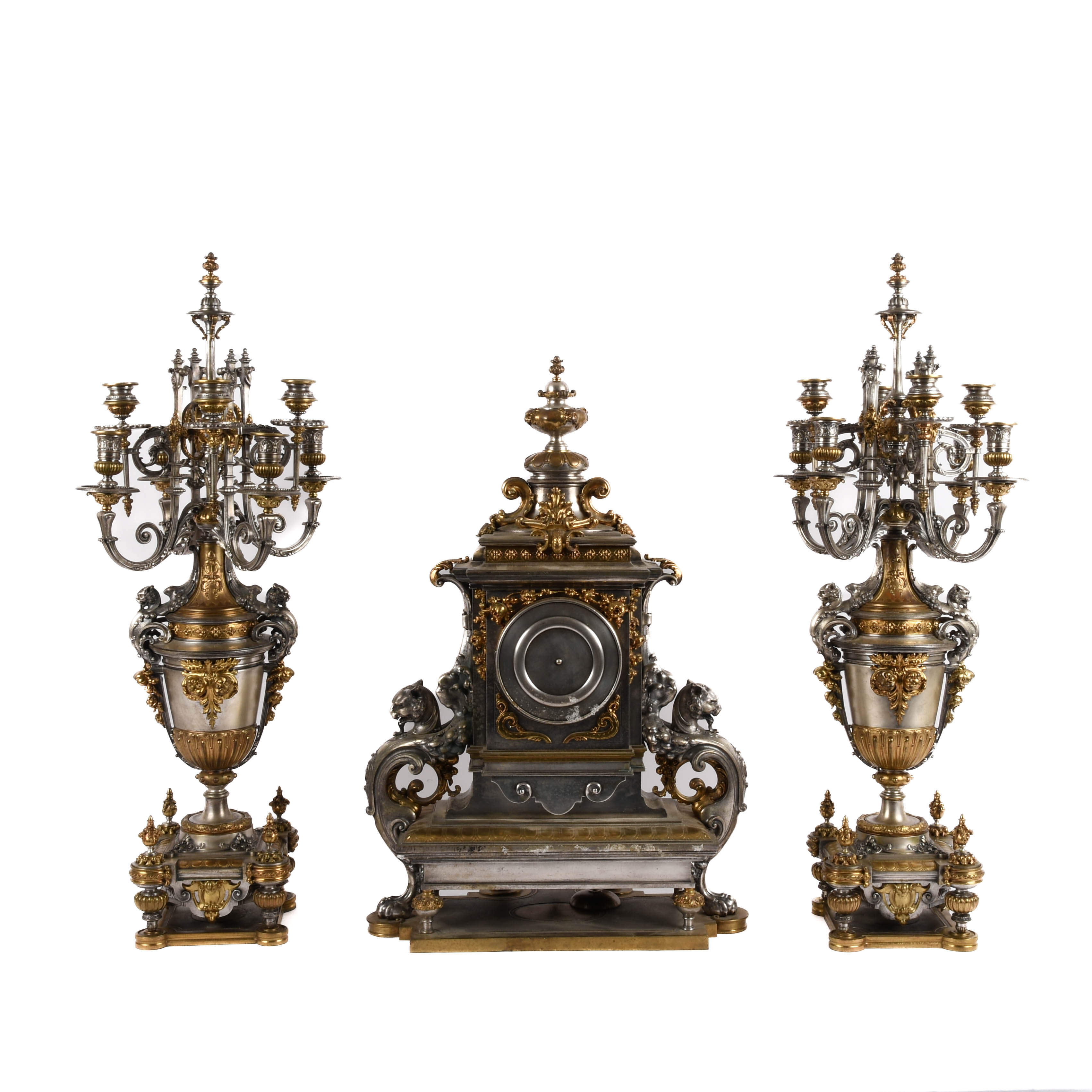 Antique French Empire Gilded Silver and Ormolu Candelabras and Clock Set-3