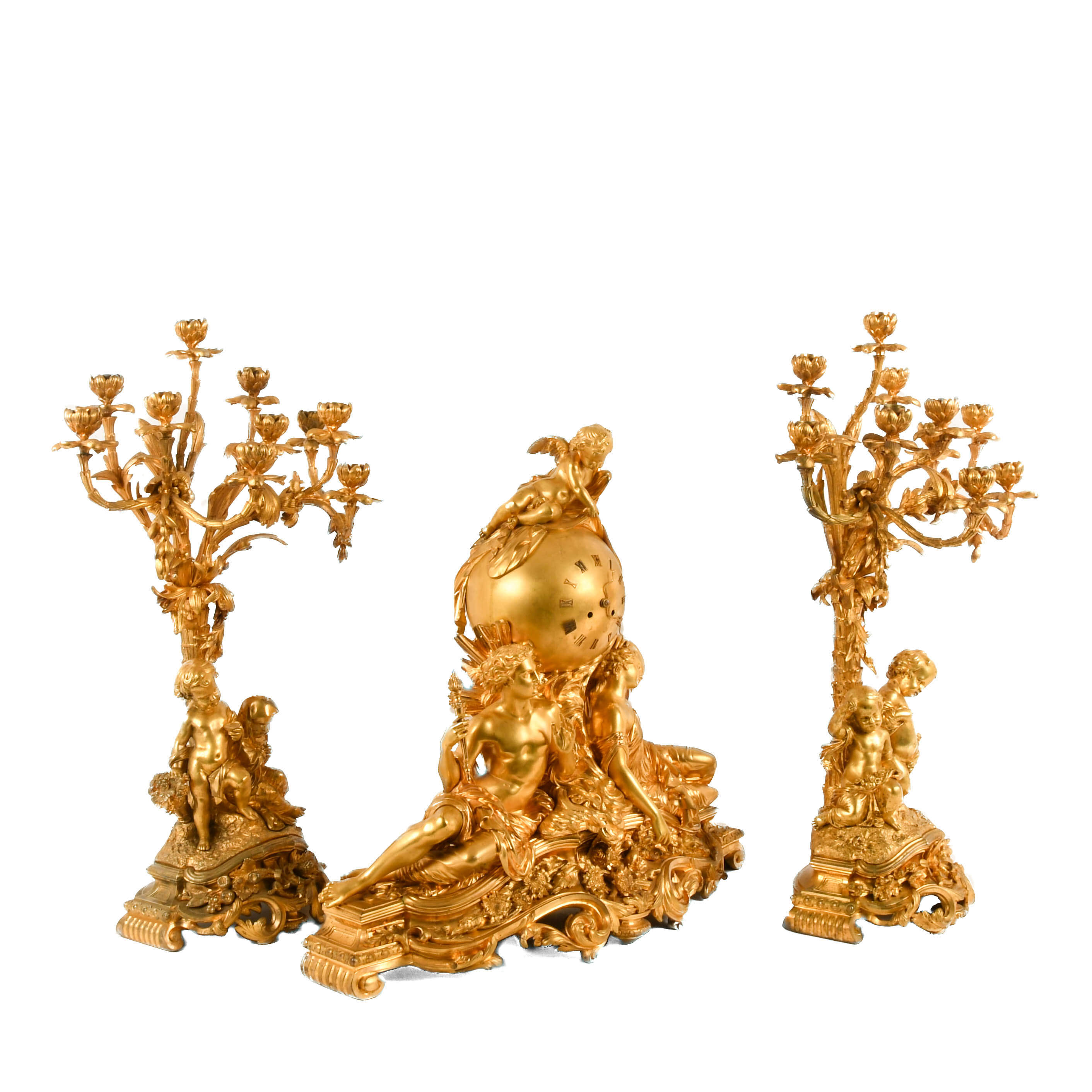 French 3-Piece Palatial Dore Bronze Garniture Clock Set-4