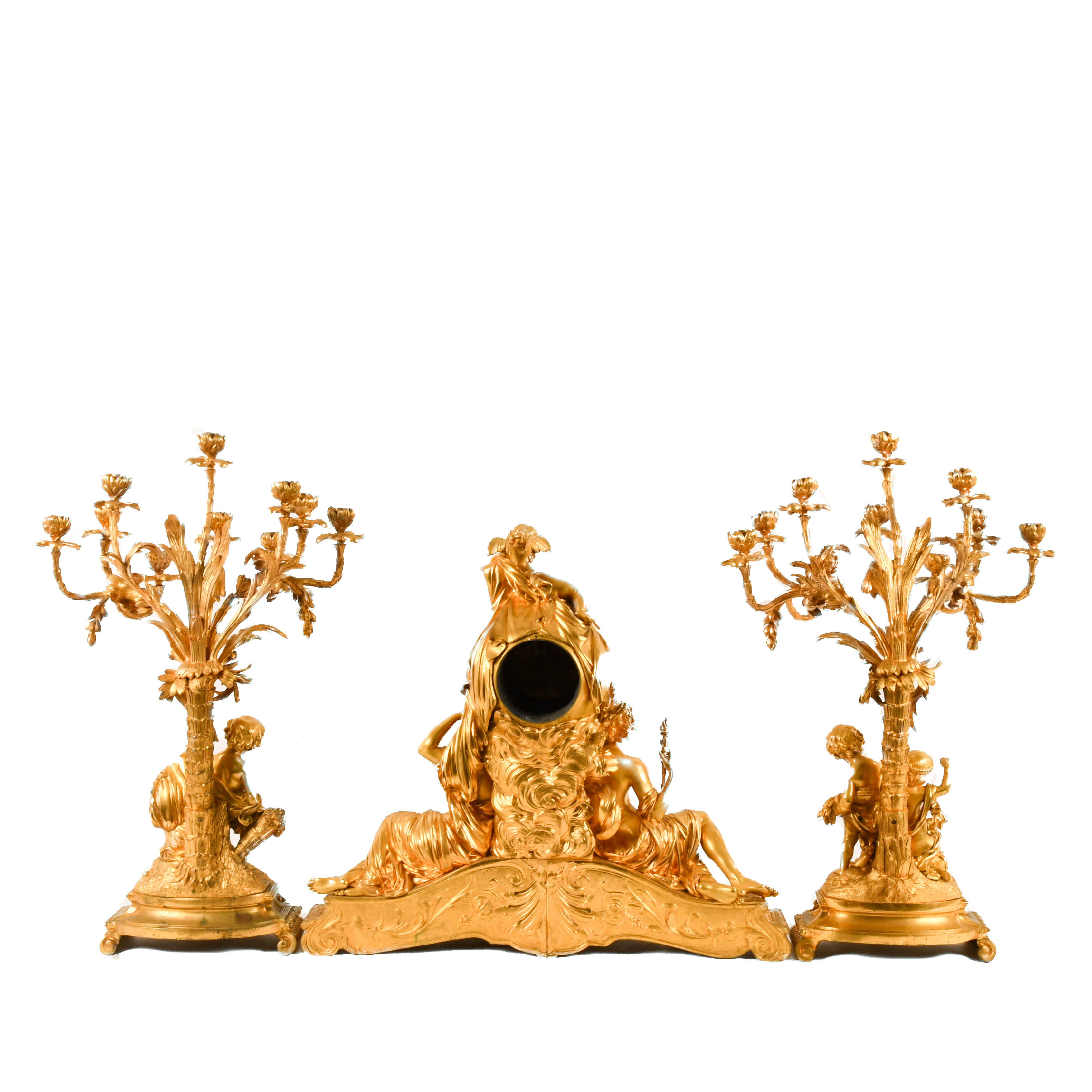 French 3-Piece Palatial Dore Bronze Garniture Clock Set-2