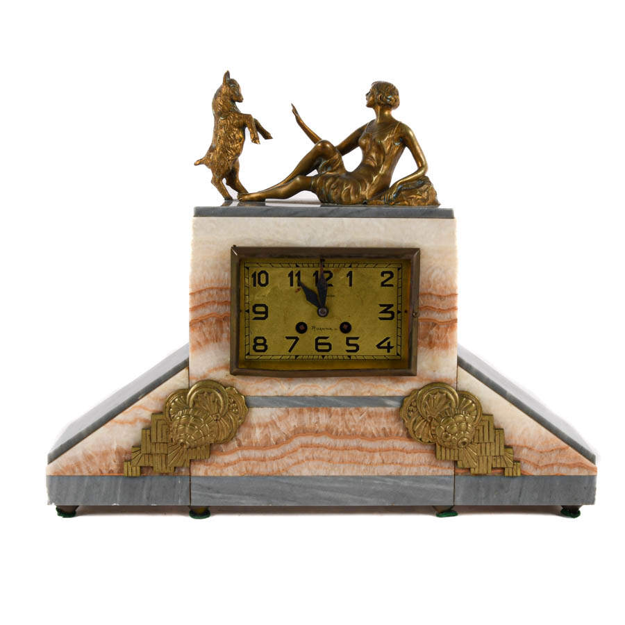 Art Deco Mantel Clock in Onyx and Bronze-1