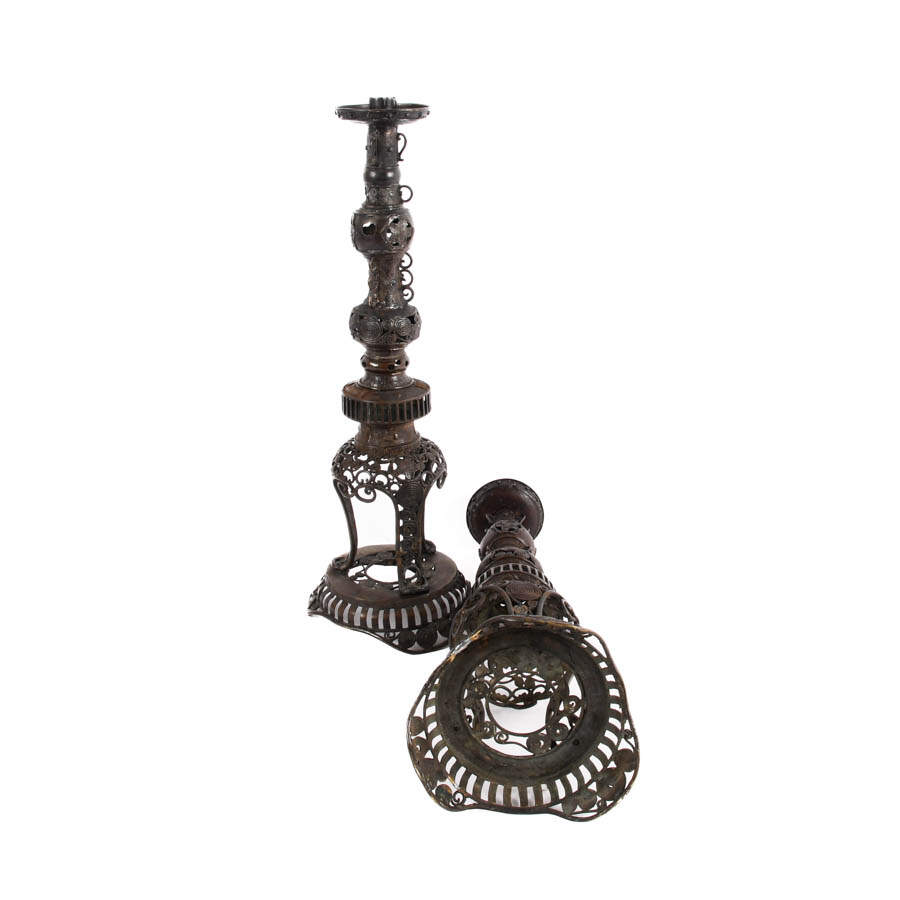 Antique Japanese Black Iron Filigree Column Candlesticks-6