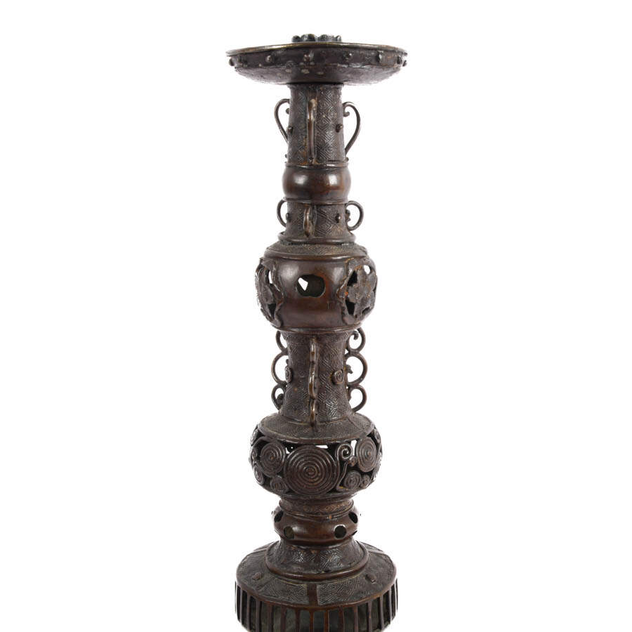Antique Japanese Black Iron Filigree Column Candlesticks-4