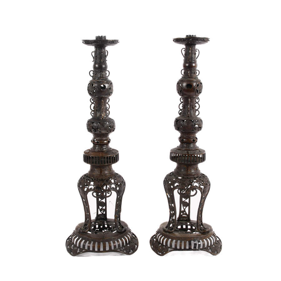 Antique Japanese Black Iron Filigree Column Candlesticks-1