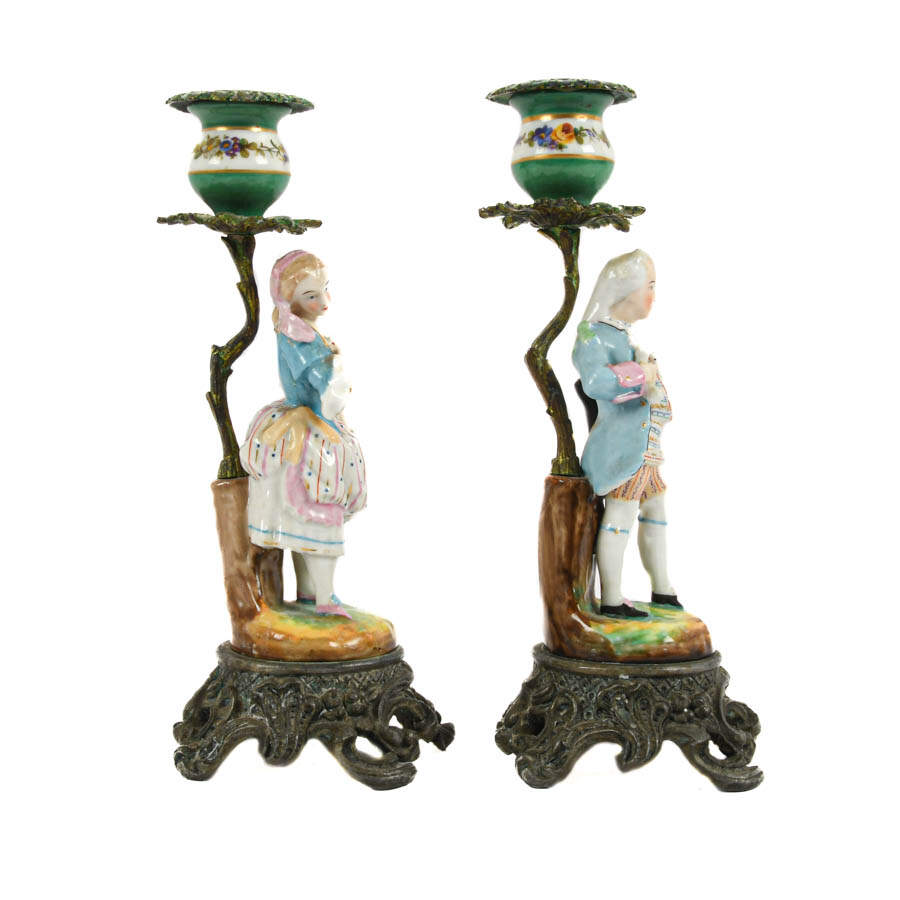 Pair of Hand-Painted Classical Couple Statue Candleholders-4