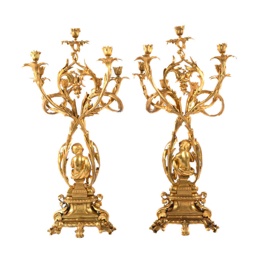 Pair of French Gilt Bronze Cherub 7-Light Candelabras-7