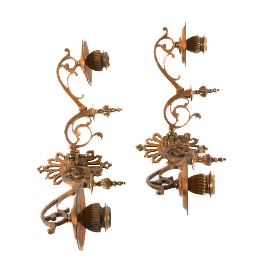 Pair of Brass Arm Candle Wall Sconces-3