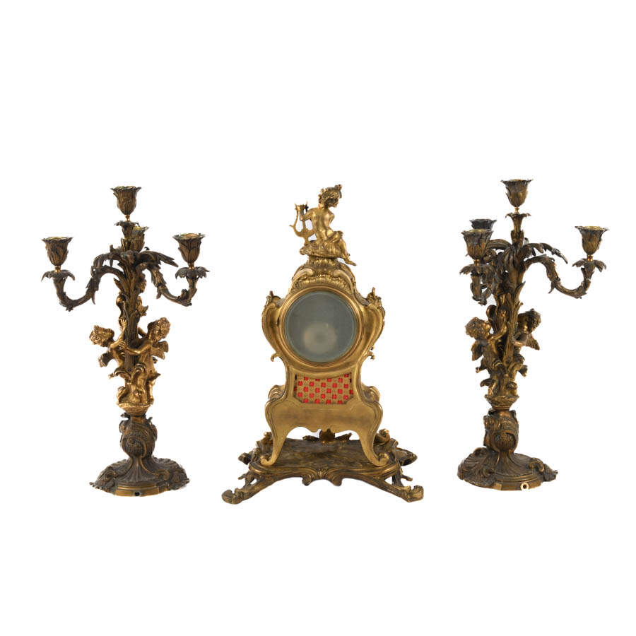 Antique Three-Piece Millet à Paris Bronze Clock and Candelabra Set-10