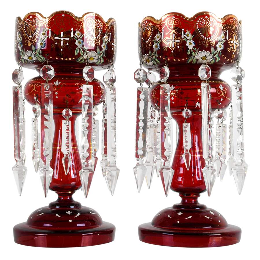Victorian Pair of Ruby Bohemian and Hand-Painted Lusters-2