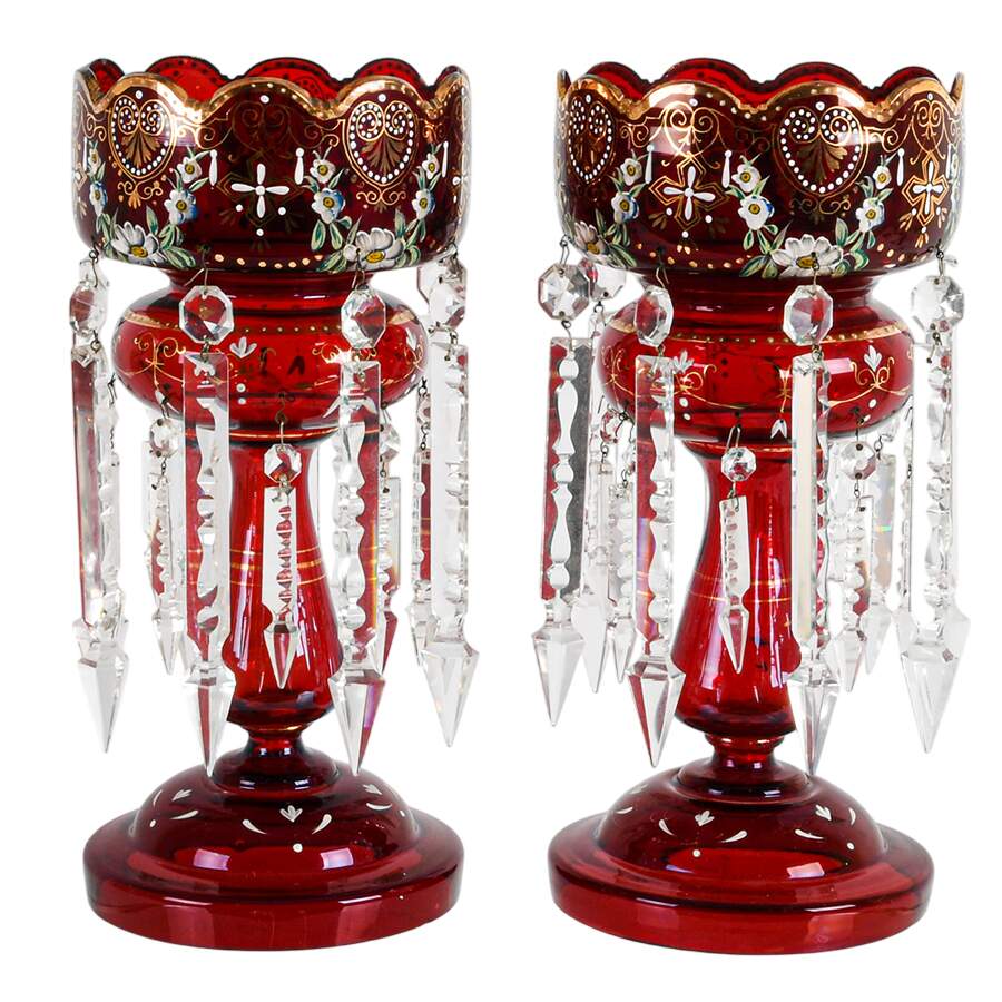 Victorian Pair of Ruby Bohemian and Hand-Painted Lusters-1