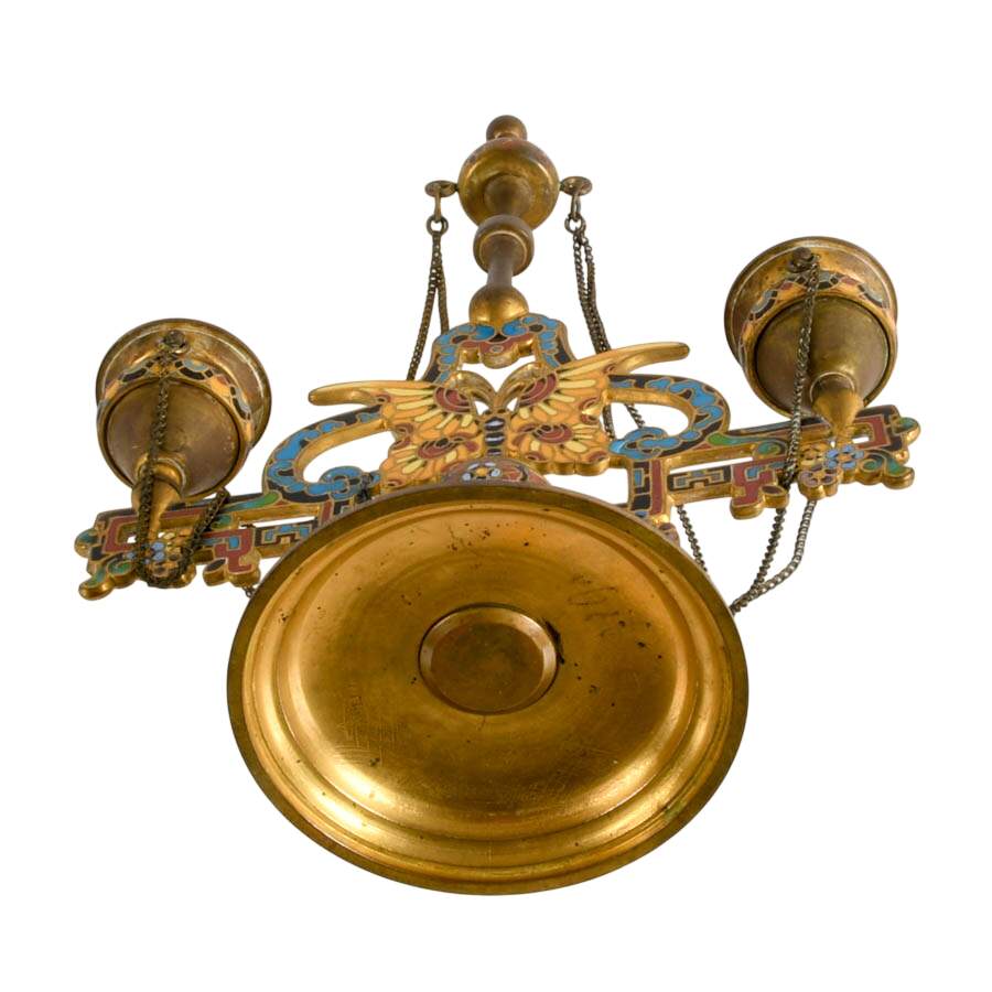Antique Champleve Enamel Double Arm Butterfly Doré Candelabra-8