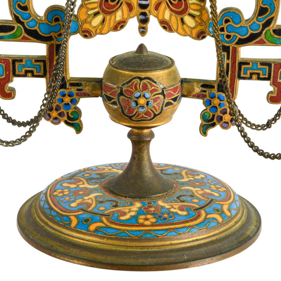 Antique Champleve Enamel Double Arm Butterfly Doré Candelabra-5