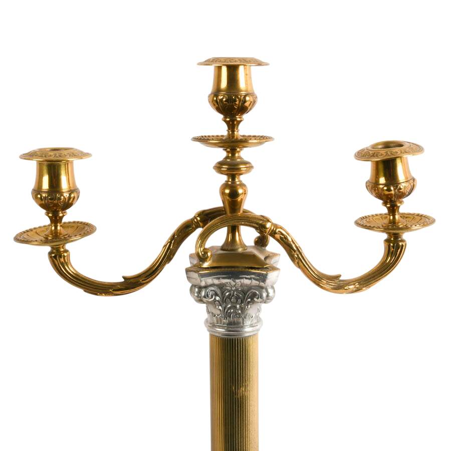 Pair of Brass Corinthian Column Candelabras with Silverplate Accents-4
