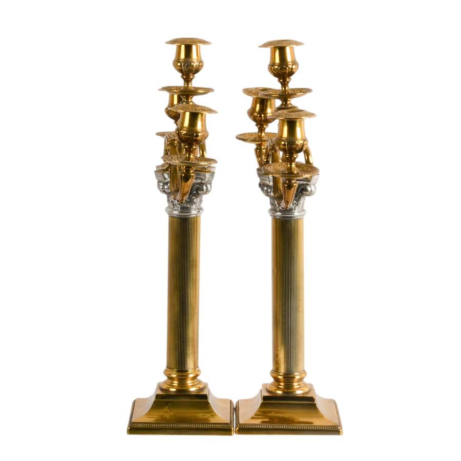 Pair of Brass Corinthian Column Candelabras with Silverplate Accents-3