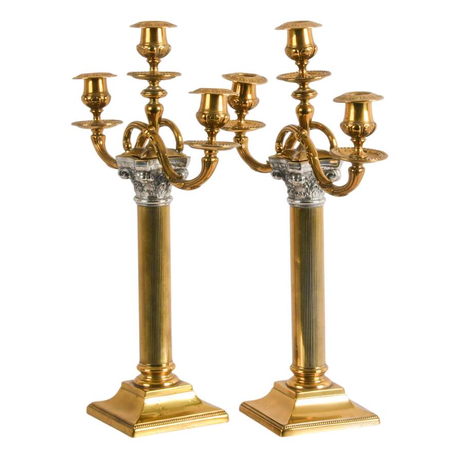 Pair of Brass Corinthian Column Candelabras with Silverplate Accents-2