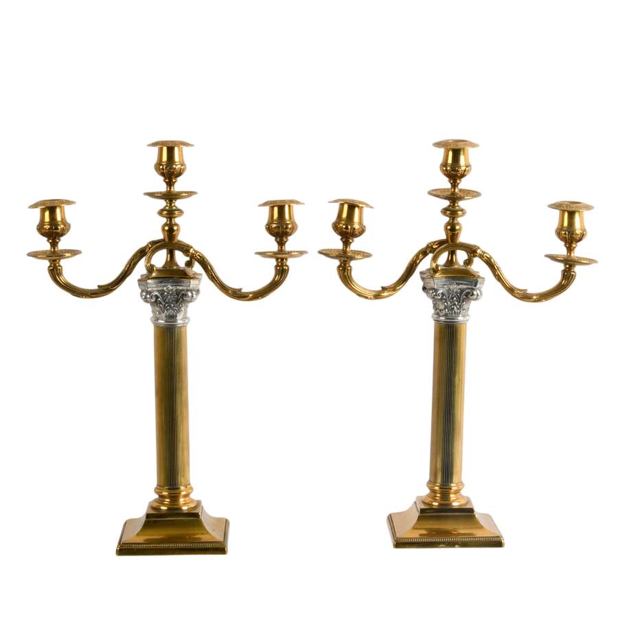 Pair of Brass Corinthian Column Candelabras with Silverplate Accents-1