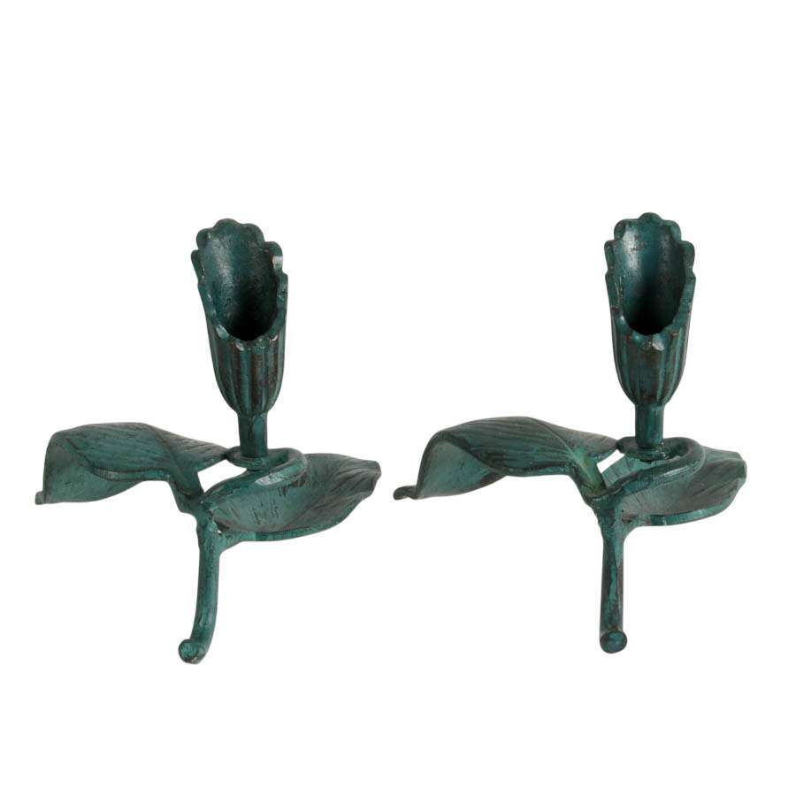 Pair of Figural Wrought Iron Green Leaf Candleholders-4